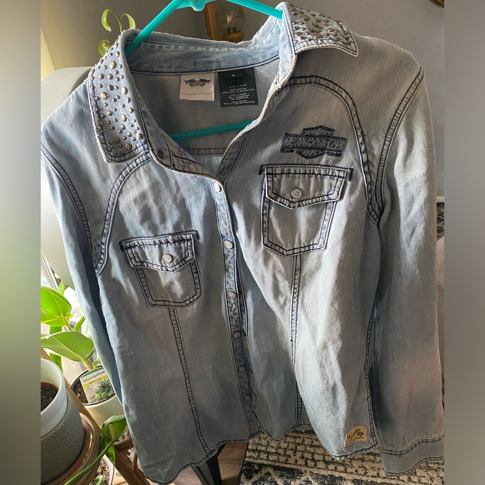 Vintage Harley Davidson distressed denim studded button up